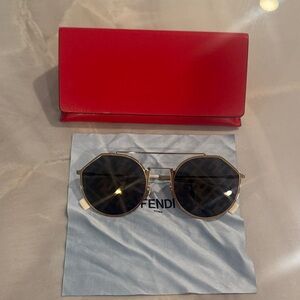 Fendi Gold Frame Sunglasses with Black Lenses and Red Case